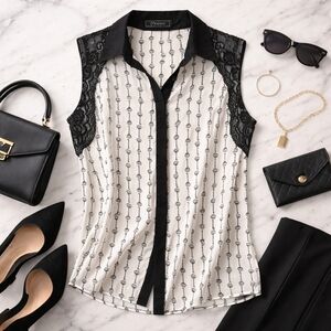 Minkas Black White Button Down Blouse Large | Lace Trim Sheer Key Print Large